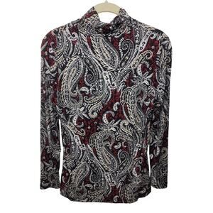 Susan Graver Black/Red Paisley Mock Turtle Neck Long Sleeve Top XXS